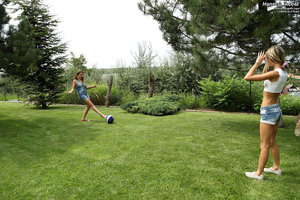 18 year old female Chloe Dash undressing on yoga mat on lawn